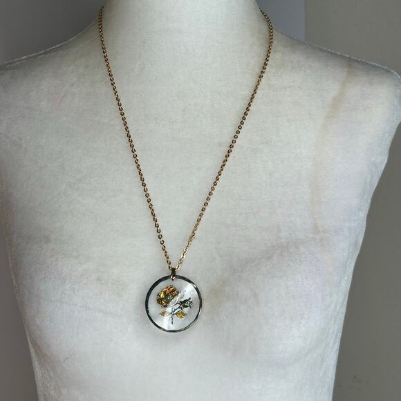 Vintage Germany Glass Reverse Carved Iridescent Rose Round Pendant Necklace - Picture 3 of 10